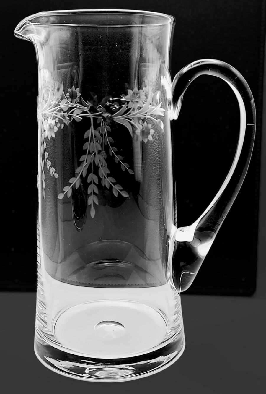 Vintage Etched Glass Water Cocktail Pitcher Floral Botanical Cottage Farmhouse